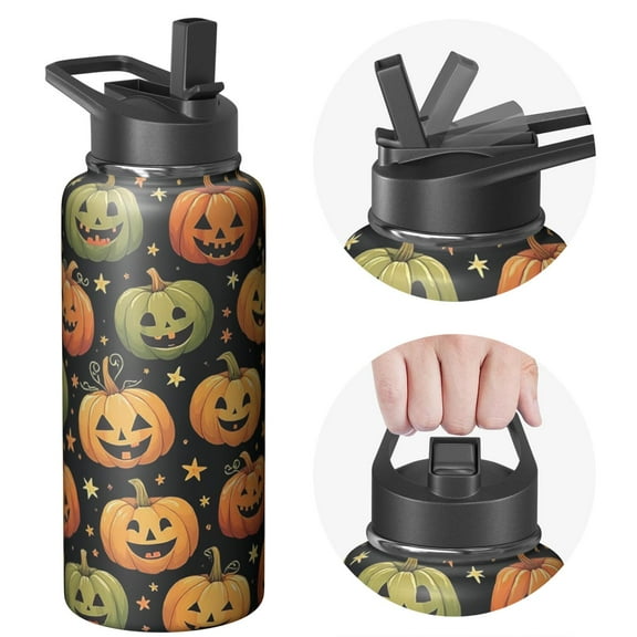 Halloween Seasonal Cobweb Pumpkin 32oz Water Bottle with Flip Straw Lid Ghost Skull Witch Skeleton Stainless Steel Insulated Mug Holiday Gift for Adults Teens Women Men