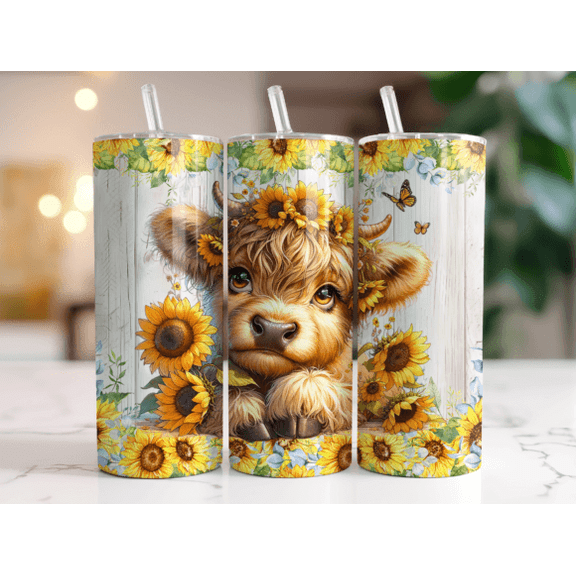 20oz Tumbler - Baby Highland Cow with Sunflowers