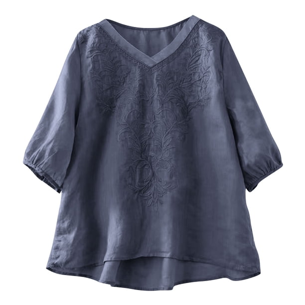 Camisas de Cuello en V de Manga Corta para las Mujeres Lino Blusas Bordadas Ajuste Suelto Verano Casual Tops de Cuello Redondo