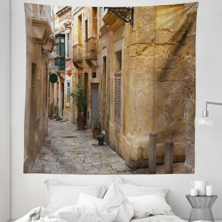 Travel Tapestry Old Narrow Street European Town in Vittoriosa Malta Historical Architecture Country Fabric Wall Hanging Decor for Bedroom Living