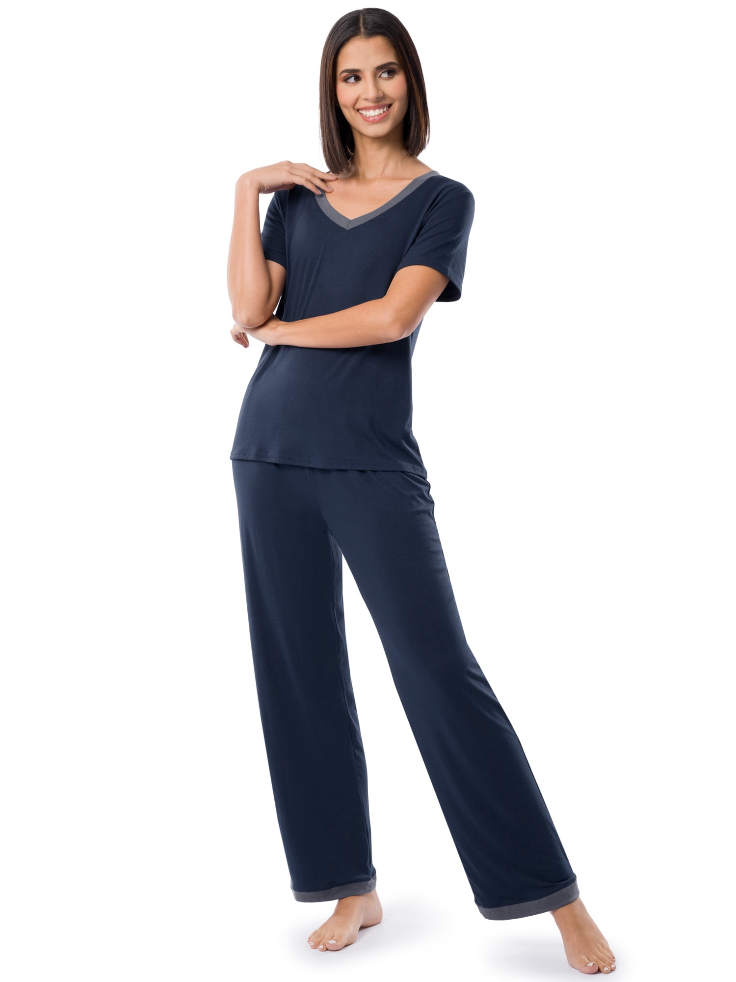 Fruit of the Loom Women's Soft & Breathable V-Neck Short Sleeve Top & Pajama Pant Set, Sizes S-4X