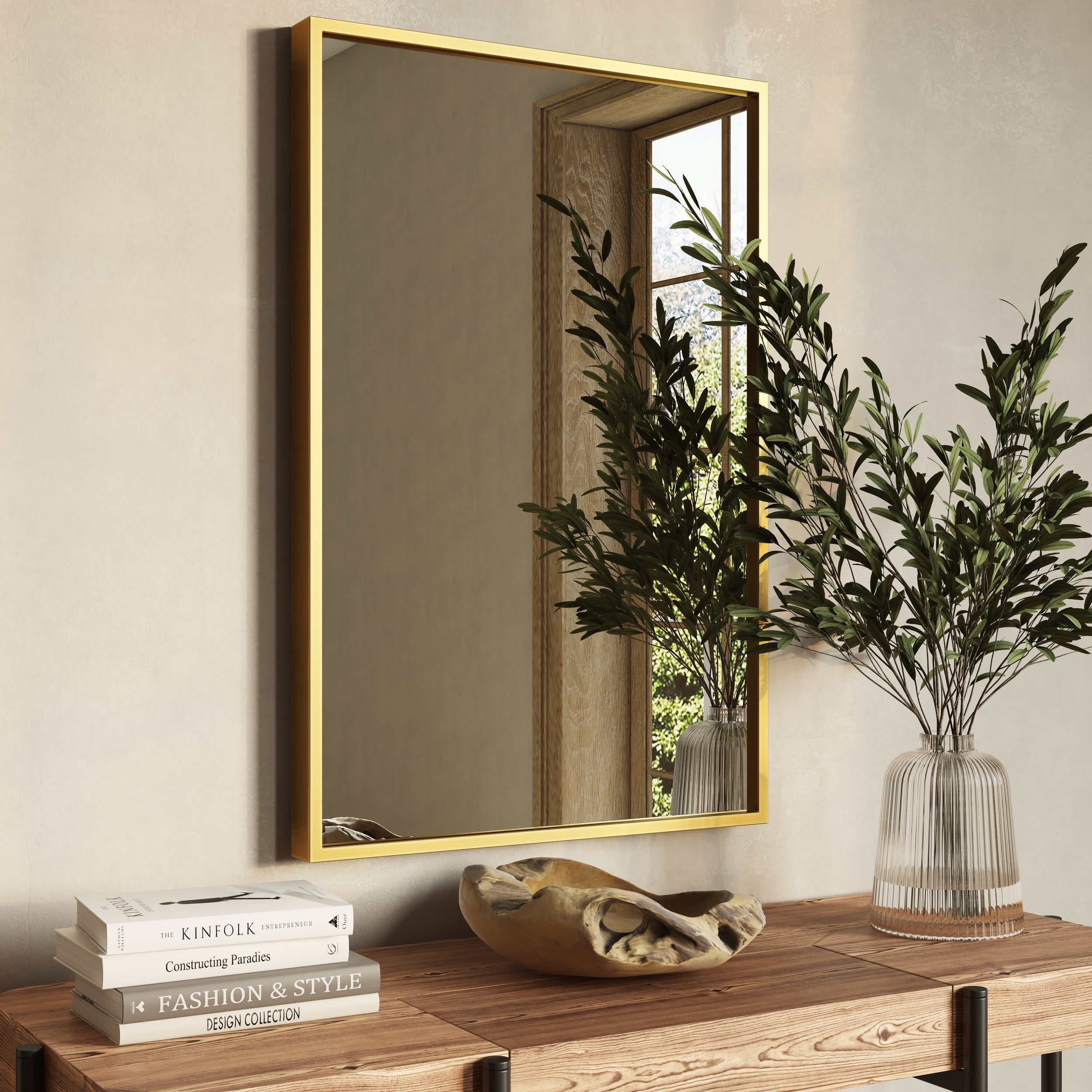 Bali Modern Rectangle Wall Mirror 36, Rectangular Gold Mirror For Living Room
