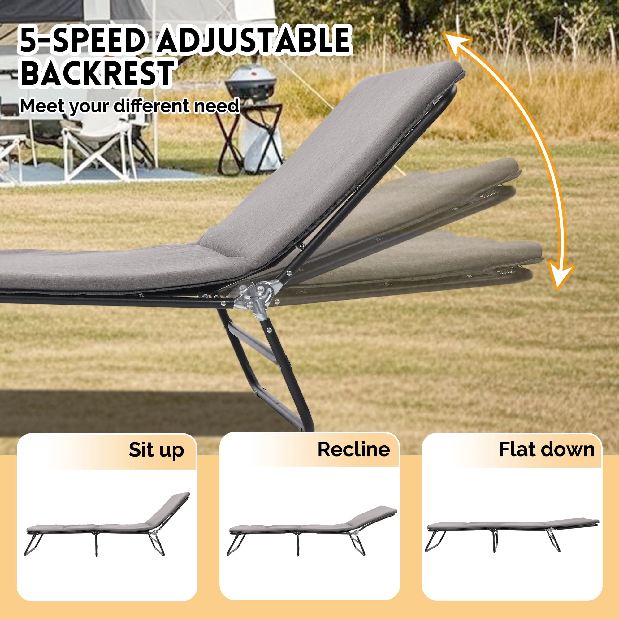 Folding Lounge Chair, 5-Position Adjustable Outdoor Reclining Chair,Heavy Duty Outdoor Bed with Carry Bag,Folding Chaise Lounge Chair for Pool Beach Patio Sunbathing, Gray
