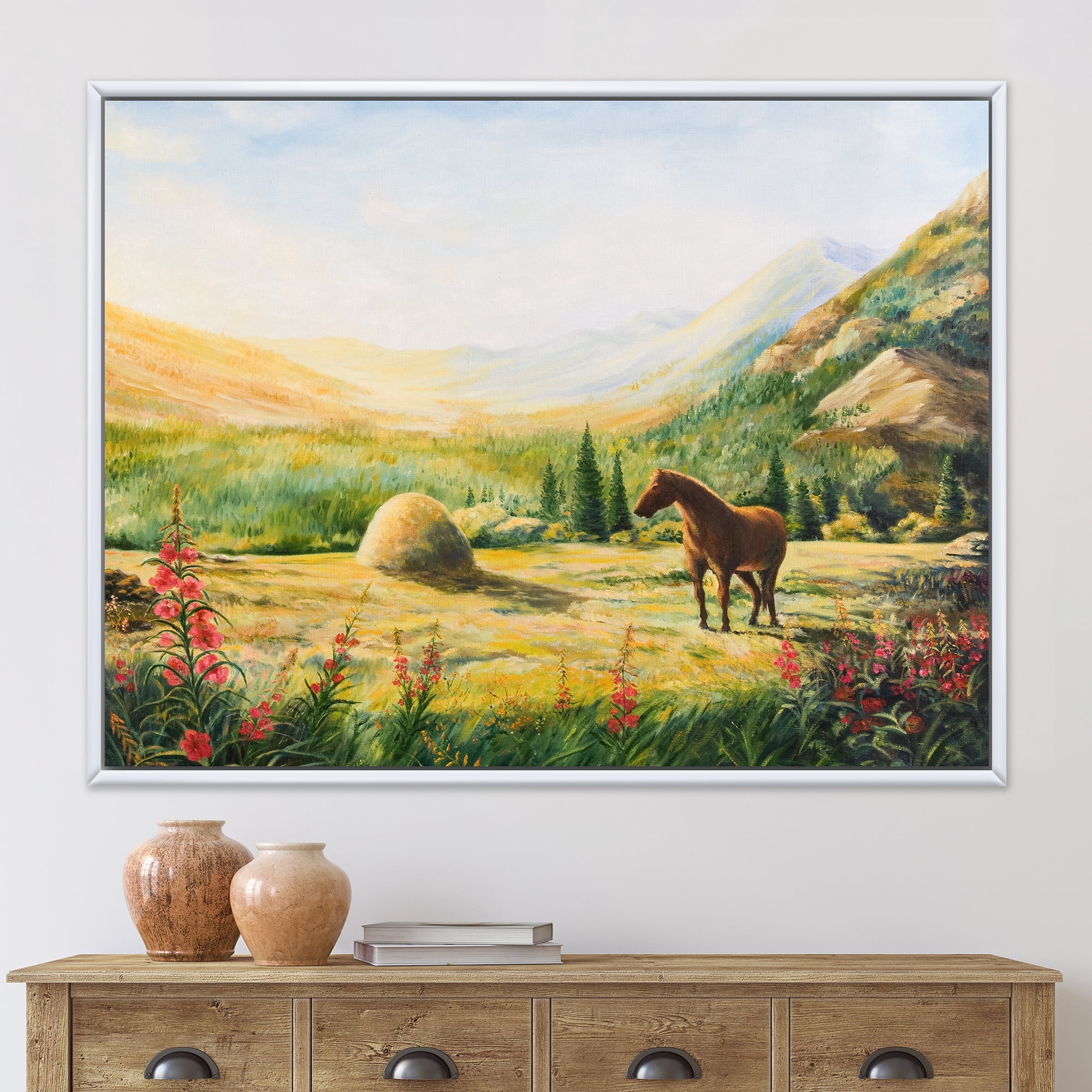 Designart 'Sunrise In The Mountains With Horse' Farmhouse Framed Canvas Wall Art Print