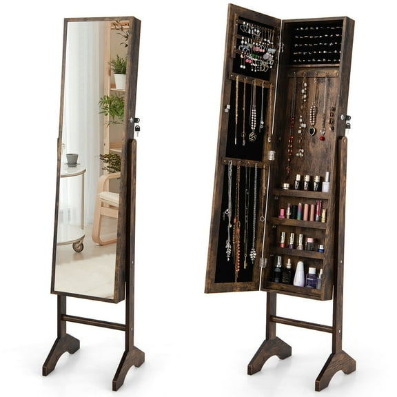 Gymax Standing Jewelry Cabinet Armoire Full Length Mirror Lockable Rustic Brown