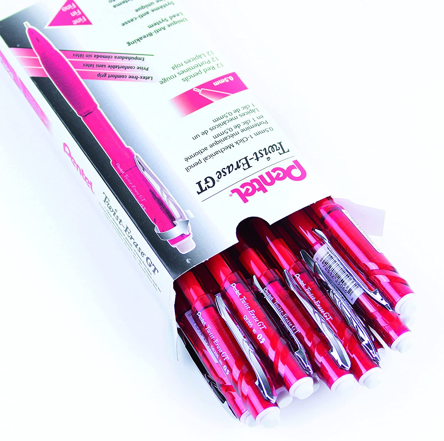 Pentel Twist-Erase GT, 0.5mm, Mechanical Pencil Transparent Burgundy barrel, Box of 12 (QE205B)