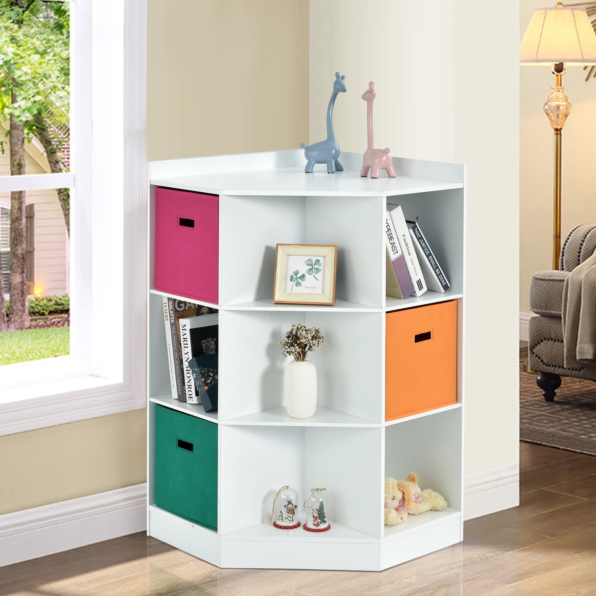 Gymax 3-Tier Kids Storage Shelf Cubes White w/3 Baskets Corner Cabinet Organizer