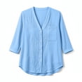 thumbnail image 5 of Women Solid Textured V Neck Button Up Shirt, Three-Quarter Rolled Sleeve Casual Blouse Top With Chest Pocket, Lightweight Breathable Summer Daily Wear Shirts, 5 of 9