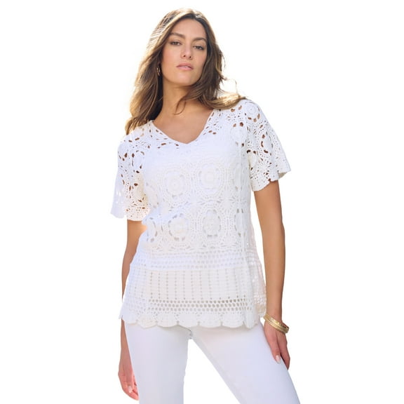 Roaman's Women's Plus Size Medallion Pattern French Crochet Sweater Top