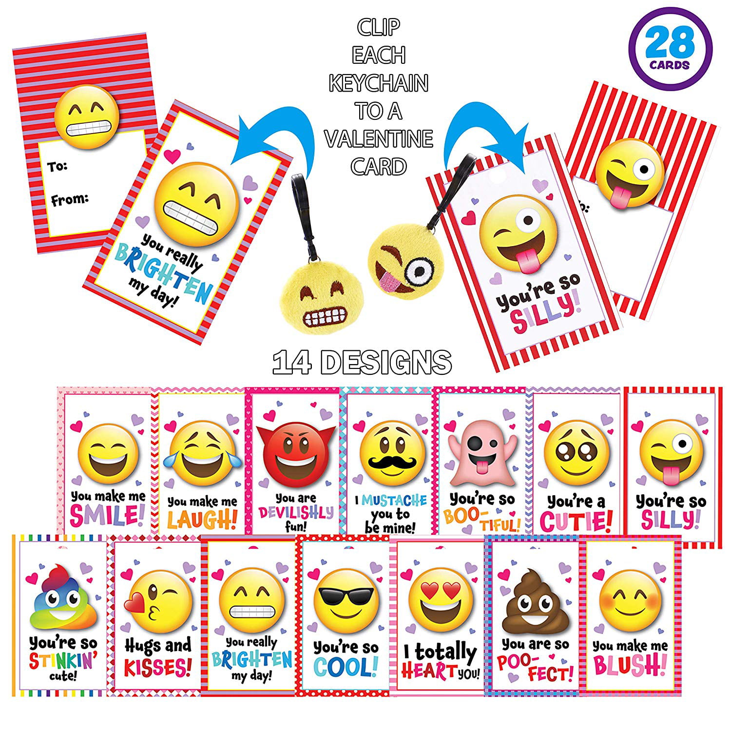 Game Prizes Emoji Party Favors Emoji Toys for Valentine Gift Exchange 28 Packs Kids Valentines Party Favors Set includes 28 Emoji Keychains Filled Hearts and Valentine’s Day Cards for Classroom Exchange 