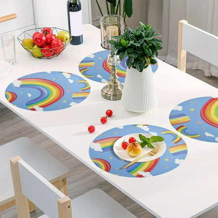 

Round Grid Placemat One Sizex4 Round Placemat PVC Plate Mat，15.4 Inch Non-Slip and Heat Resistant Table Placemat Dining Room Placemat Colorful Cartoon Rainbow