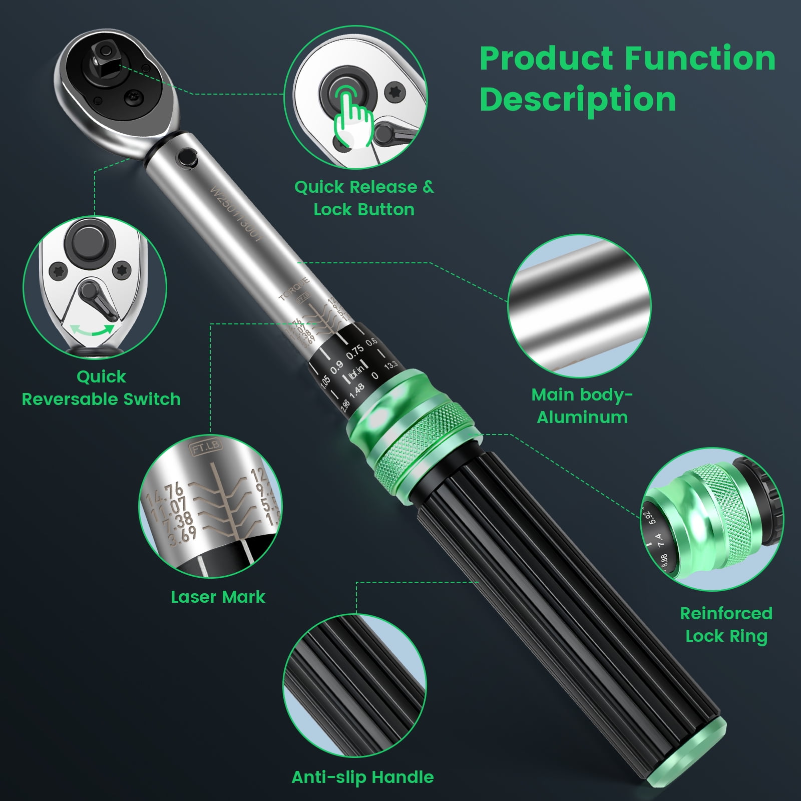 32-Piece 1/4" Torque Wrench Set 1.84–14.76 ft-lbs/2.5–20 N.m, with Extension Bar, Adapter, Bits & Portable Case for Bicycle, Motorcycle, Car Maintenance