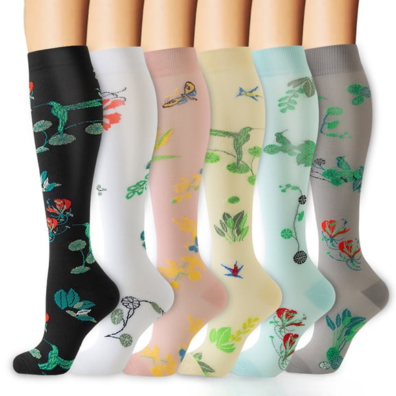 6 Pairs Foral Printed Unisex Compression Socks for Outdoor Sports Cycling Running Walking Knee High Support Stockings