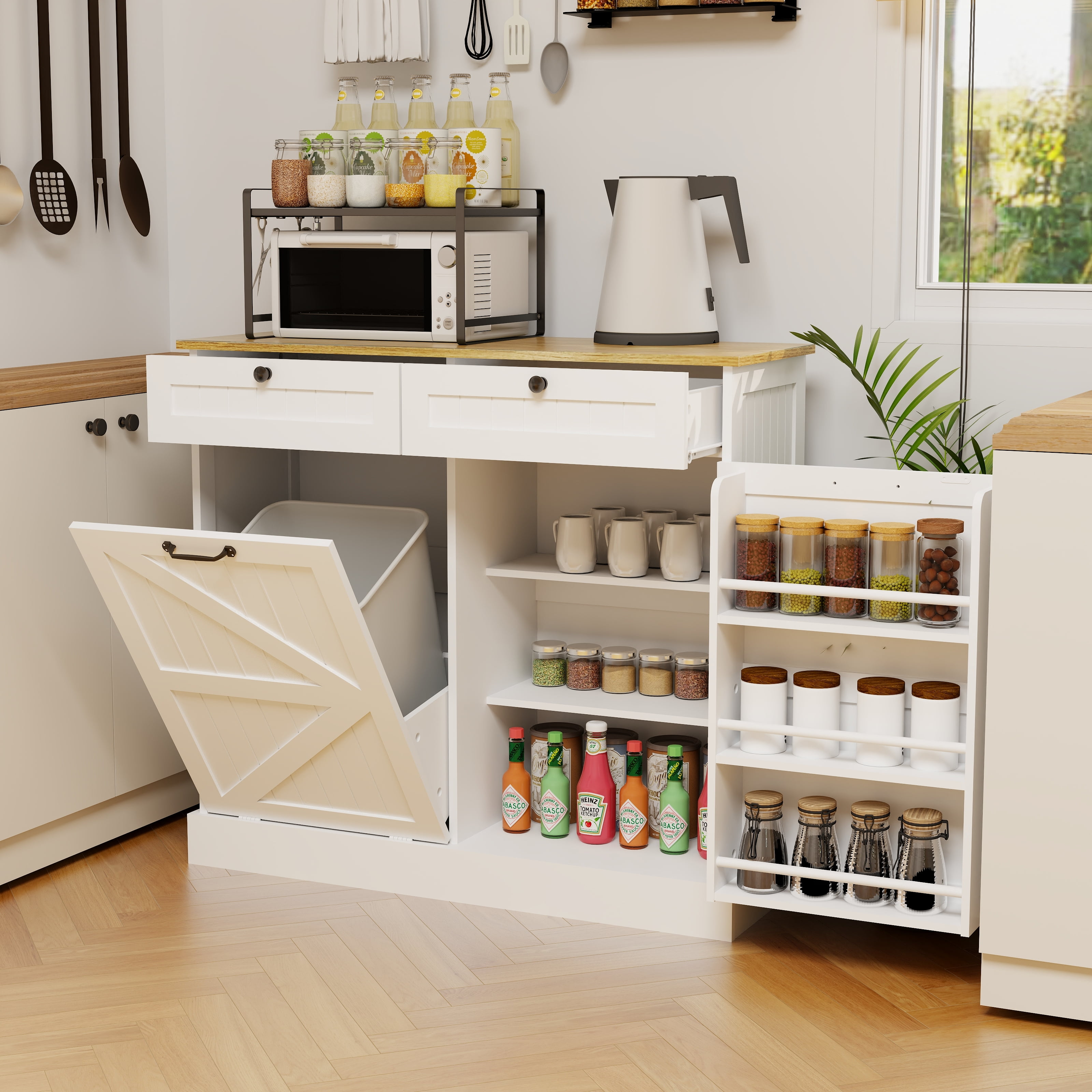 Mintazer Kitchen Trash Cabinet with 3‑Tier Storage Racks, Freestanding Storage Sideboard with 2 Drawers & Tilt‑Out 10‑Gallon Trash Compartment for Kitchen Dining Room, White