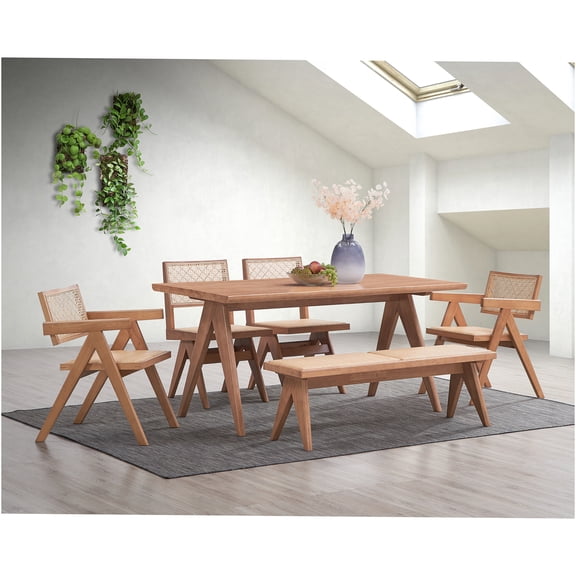 JERFIT 6-Piece Patio Dining Set with Table and Chairs, All-Weather Rattan & Acacia Wood, Light Walnut Finish, Outdoor Furniture for Garden, Poolside, Backyard