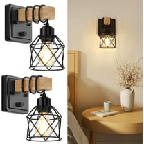 Dimmable Wall Sconces with Rotary Switch Set of 2 Wall Lights Wall Mounted Lamp Wooden Bathroom Light Fixtures with Metal Cage Hardwired Farmhouse Wall Lights for Bedroom Living Room