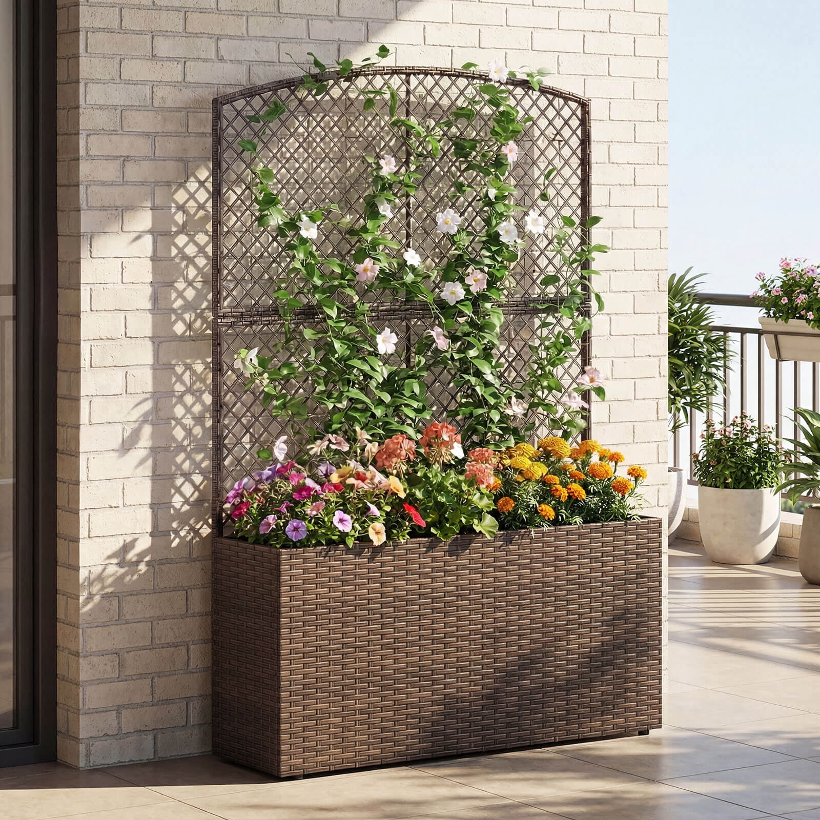 Costway 2 PCS 58” Raised Garden Bed with Trellis, Wicker Planter Box with Privacy Screen Brown