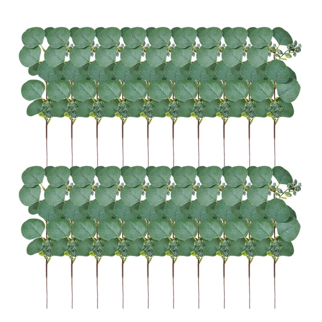 Wosthever 20 hojas de eucalipto artificiales de tallo largo, ramas de hojas falsas, accesorio de simulación de autoensamblaje, planta verde, Decoración hoja redonda/planta