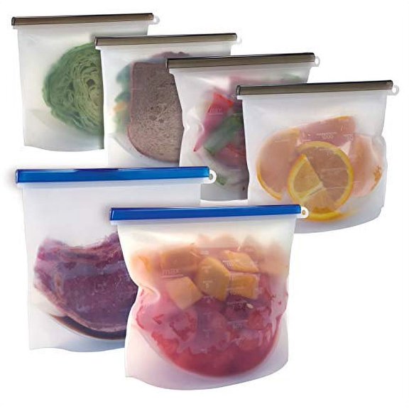 Silicone Reusable Food Storage Bags (Set of 6) (2 Large 50oz   4 Medium 33.8oz), by Better Kitchen Products, Airtight, Expandable Gusset, Easy Stand-Up, for Solids, Liquids, Refrigerator and Freezer,