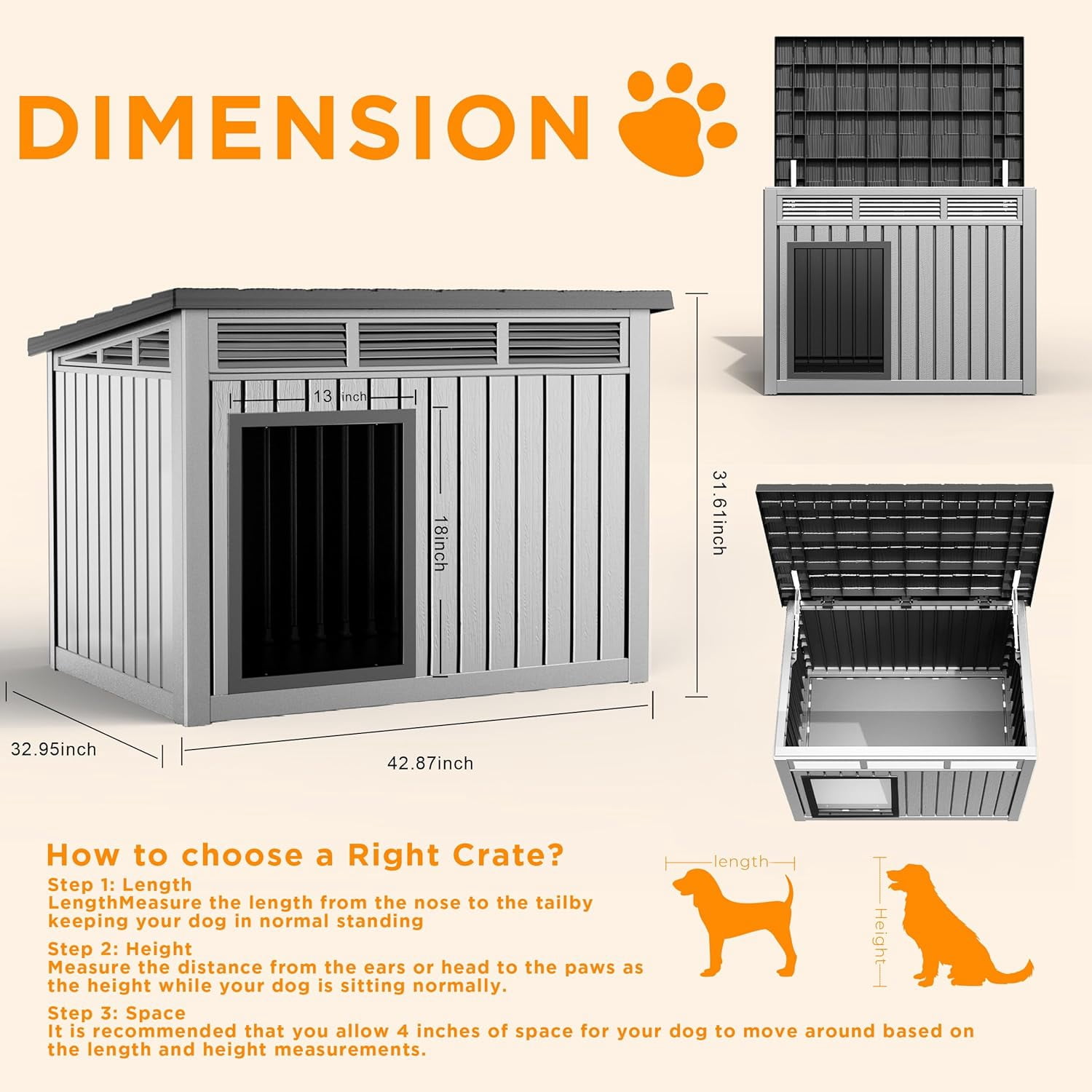 LEHOME Large Dog House Outdoor for Indoor with Weatherproof & Removable Roof,Fits Small to Large (Gray, 42.87 * 32.95 * 31.61'')