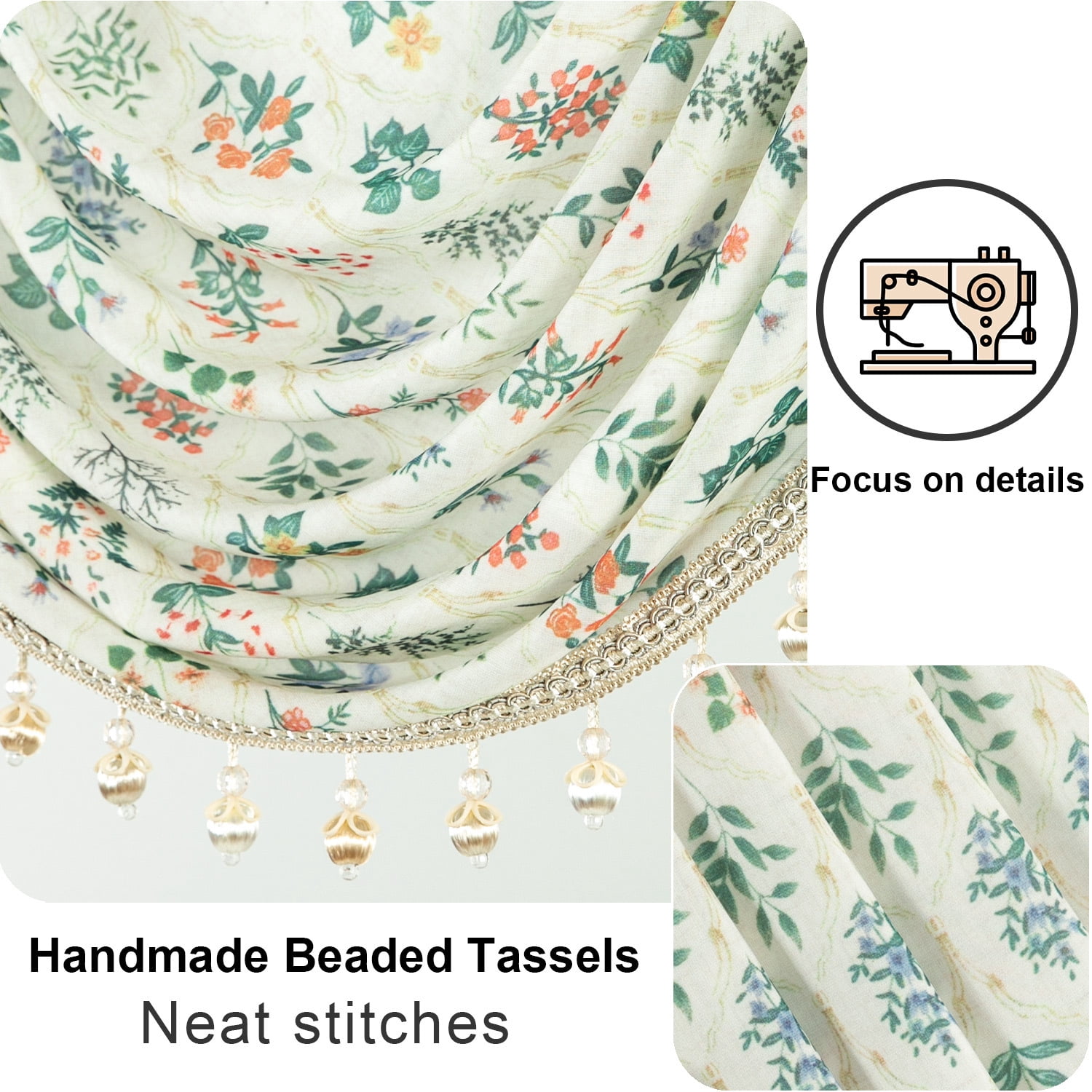 VOGOL Vintage Floral Waterfall Valance 59x43 Inch - Sheer Voile Farmhouse Curtain Topper with Beaded Fringe for Living Room