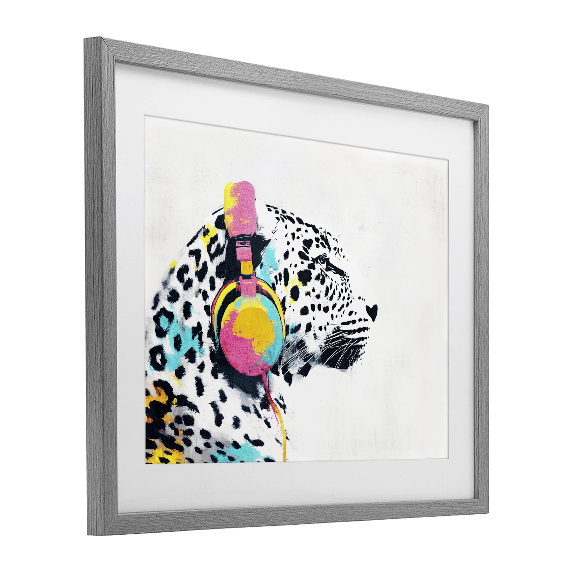 Stupell Industries Leopard On Air Headphones Gray Framed Print Under Glass, design by Svetlana Aleynikova