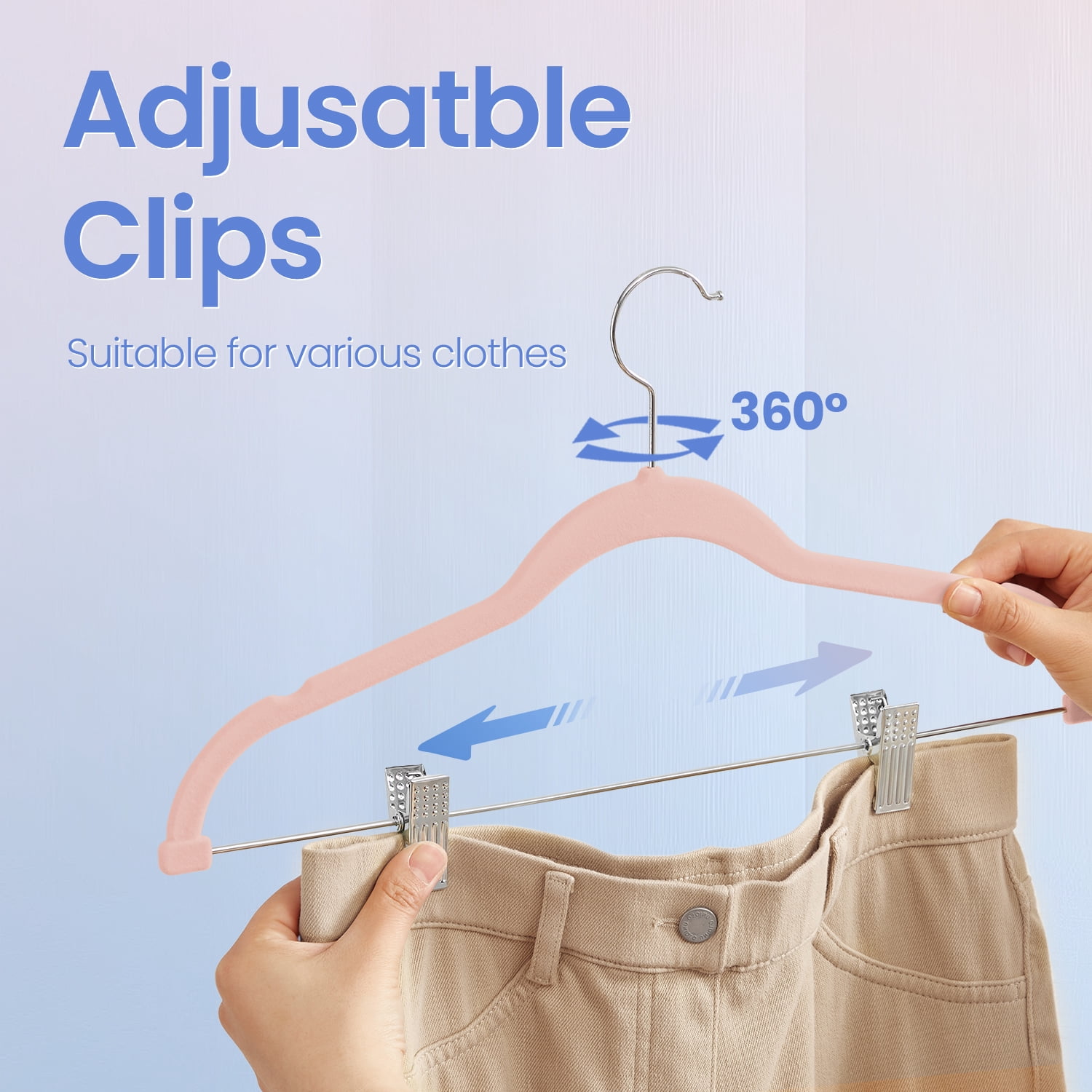 LEDREM 30-Pack Adjustable Velvet Hangers, Heavy-Duty Non-Slip Skirt Hangers, Pants Hangers with Movable Clips, Space-Saving for Dresses & Coats, Light Pink