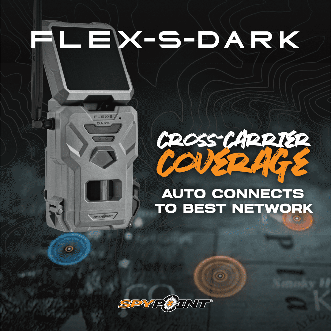 SPYPOINT Flex-S Dark Solar Outdoor Cellular Trail Camera - Integrated Solar Panel, No WiFi Needed, Night Vision Motion Activated, Dual-Sim LTE, 40MP Photos and 1080p w/Sound
