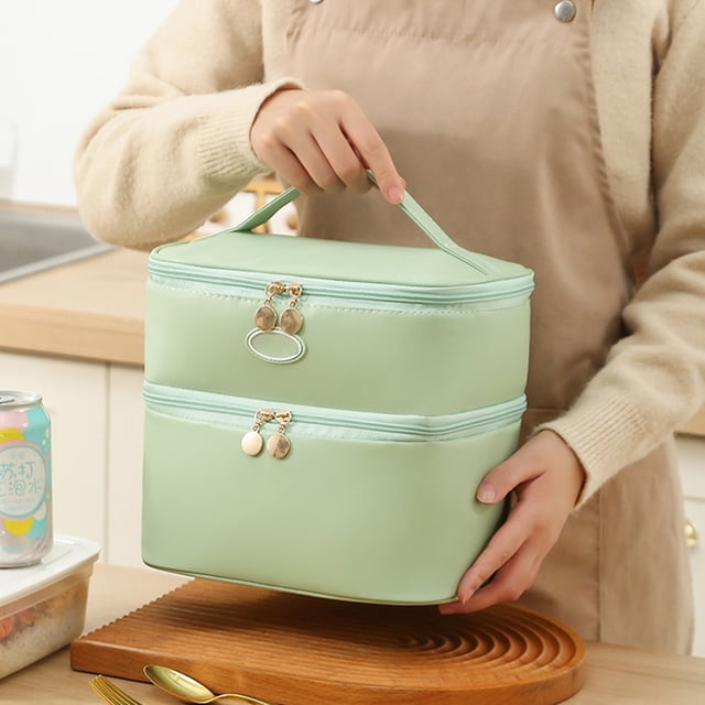 Bolsa térmica aislante de gran capacidad para el almuerzo | Almacenamiento impermeable de doble capa para bento | Material de PU, compartimento doble, transporte de 3 vías | Beige gris verde