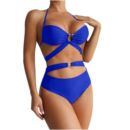 UTSJKR Deals High Waisted Bikini Sets for Women Sexy Halter Ring Linked 2 Piece Bathing Suits Cheeky Triangle Bikini Swimsuit 2025 Blue M