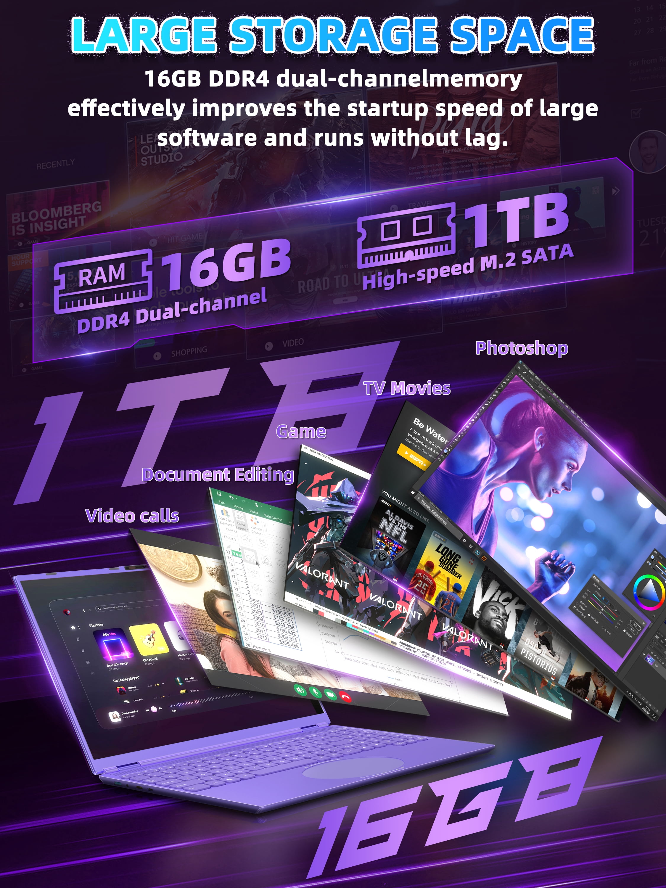 【Win 11 Pro/MS Office 2019】16" Purple Laptop,Ultra-Narrow Bezel Full HD (1920x1080),Celeron N95 (3.4GHz), 16GB RAM 1T SSD,Color Backlit KB, Face Unlock, USB-C/HDMI/WiFi/BT, for Business Study