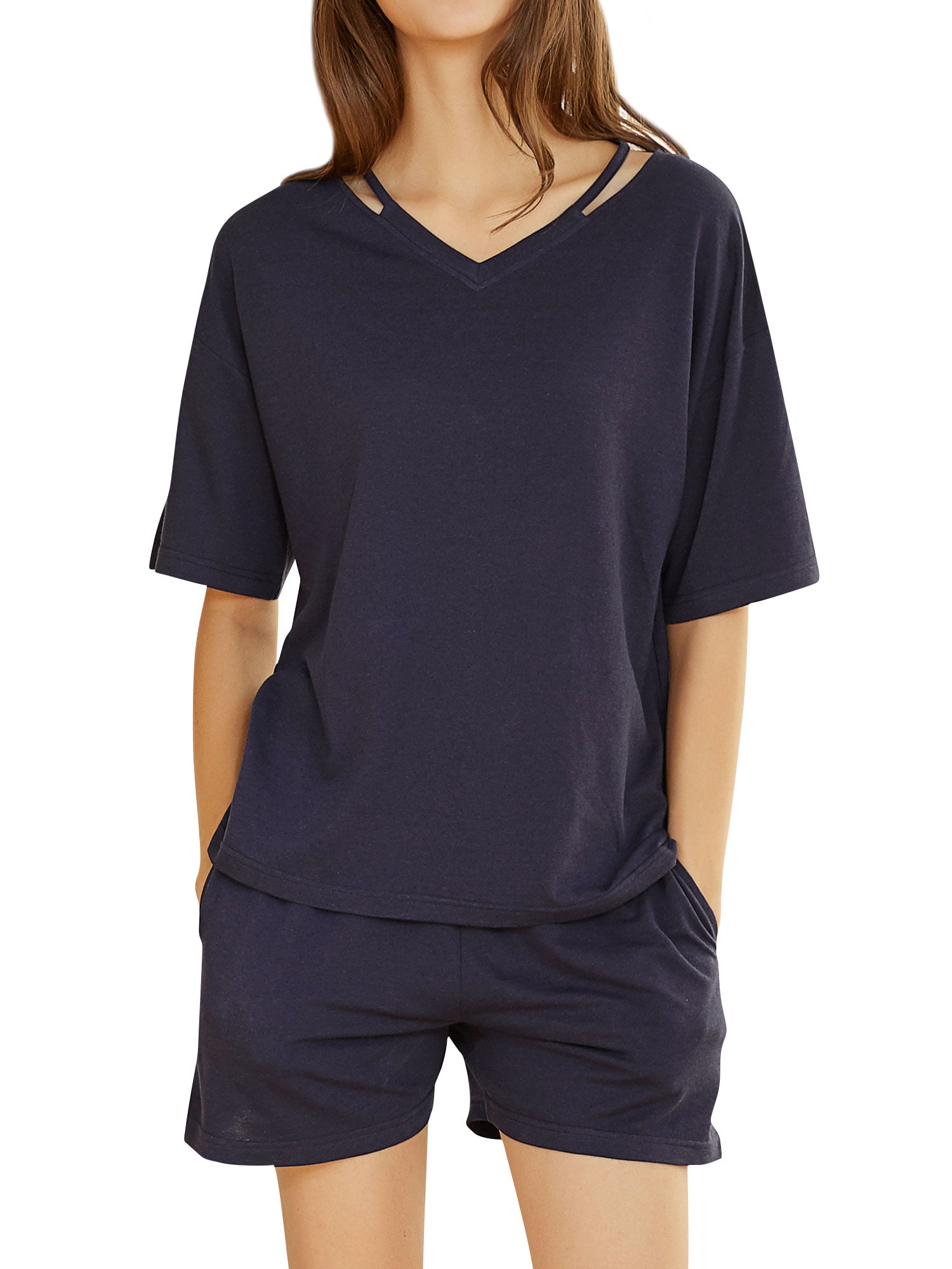 ZXZY Women Solid Color Cutout V Neck Half Sleeve Elastic Waist Shorts  Pajama Set