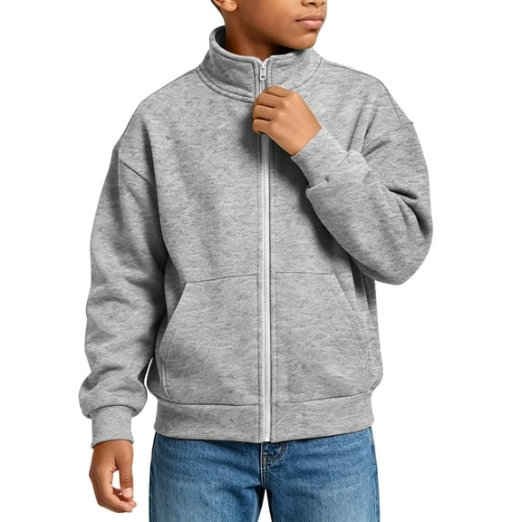 Cethrio Boys Full Zip Sweatshirts Size 14-16, Fleece-lined Stand Collar Casual Long Sleeve Fall Jackets with Pockets Gray