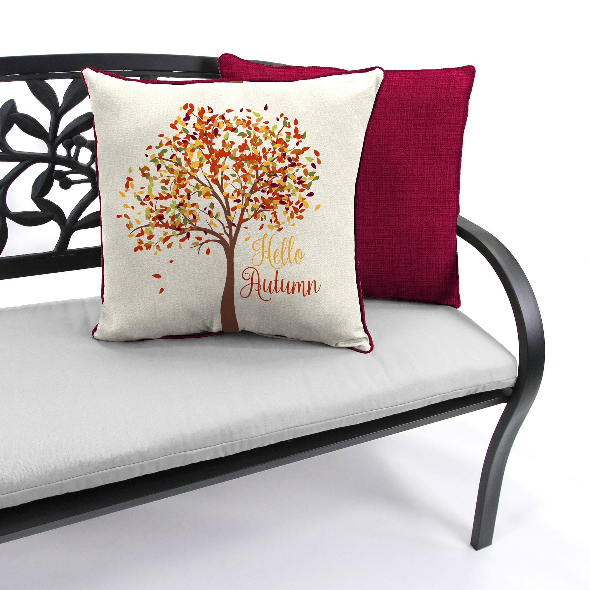 Jordan Manufacturing 16" x 16" Hello Autumn Cream Tree and Merlot Solid Reversible Square Outdoor Throw Pillow with Welt (2 Pack)
