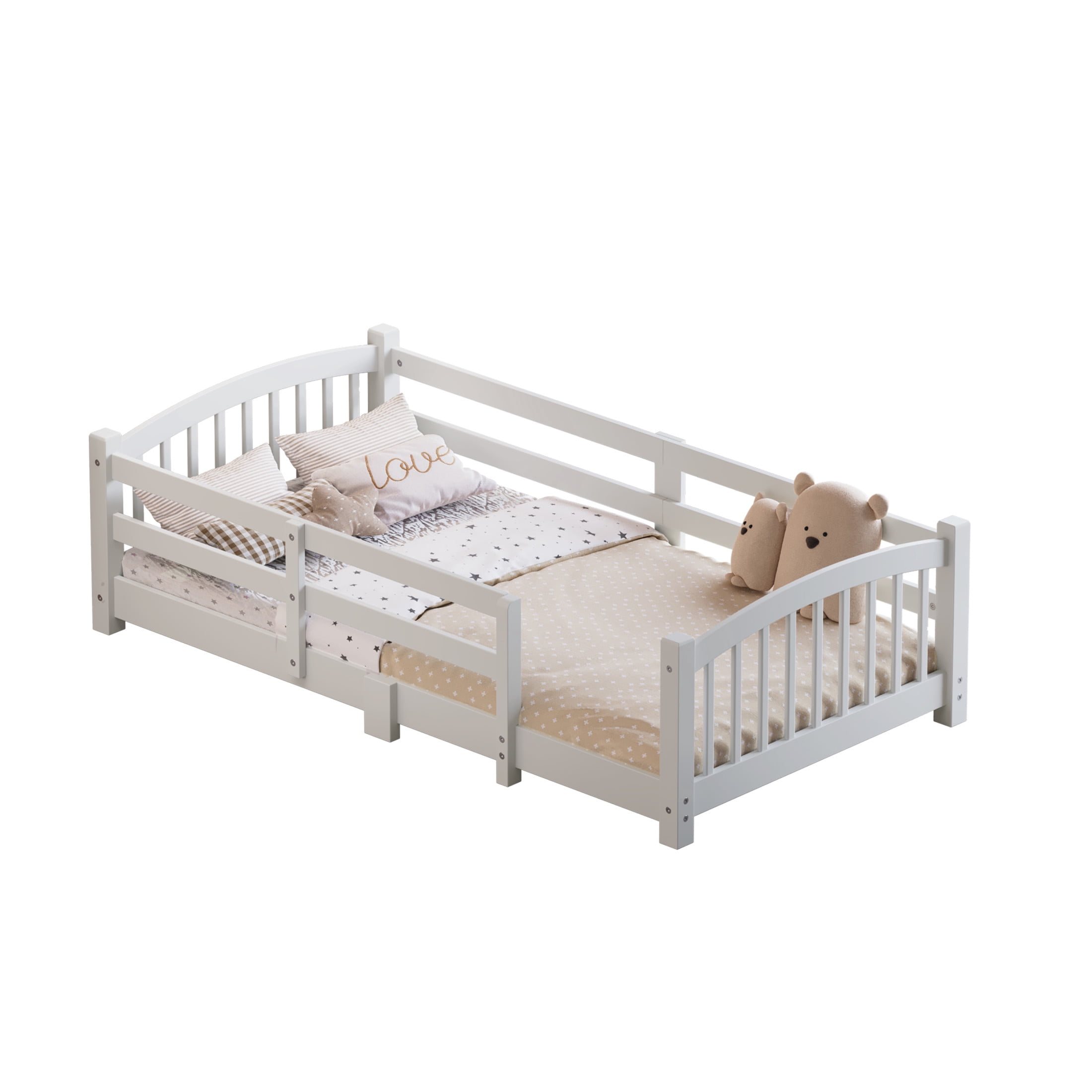Noble House Twin Floor Bed with Slats, Safety Guardrails, Solid Wood Frame, White