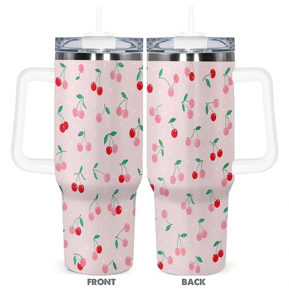 40oz Cherry Print Insulated Travel Tumbler with Handle and Straw Lid Cute Pink Car Cup Coffee Cup Gift for Women