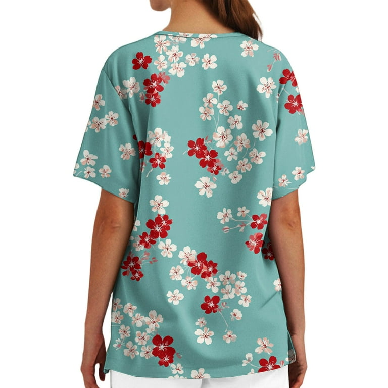 Scrubs Sets For Women, Plus Size Nurse Scrubs Tops-Floral Print V