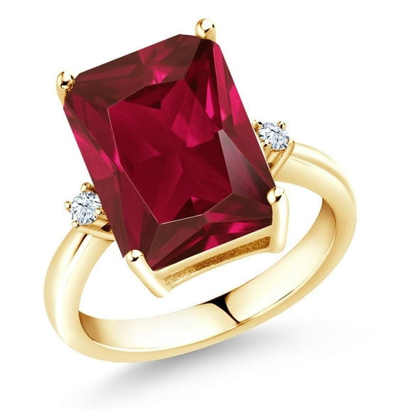 Gem Stone King 18K Yellow Gold Plated Silver Red Created Ruby Ring for Women (5.06 Cttw, Emerald Cut 14x10MM, Gemstone July Birthstone, Size 7)