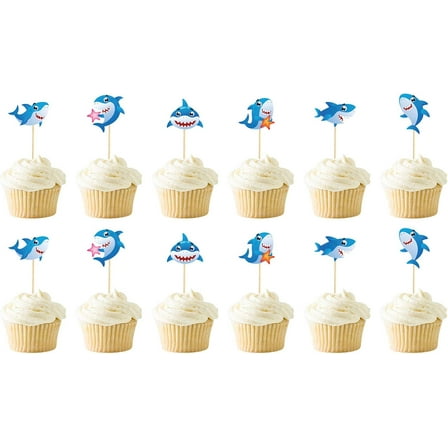Shark Cupcake Toppers, 12Pcs birthday Party Decorations, Ocean Theme Baby Shower Supplies, Shark Shape Cupcake Decor for Kids (Blue)