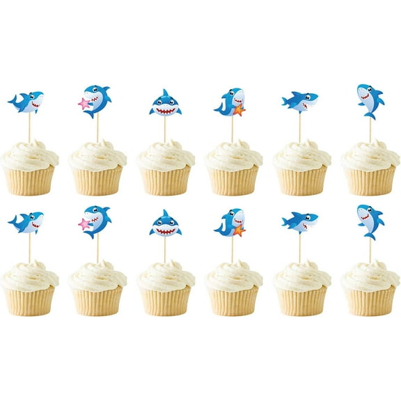 Shark Cupcake Toppers, 12Pcs birthday Party Decorations, Ocean Theme Baby Shower Supplies, Shark Shape Cupcake Decor for Kids (Blue)