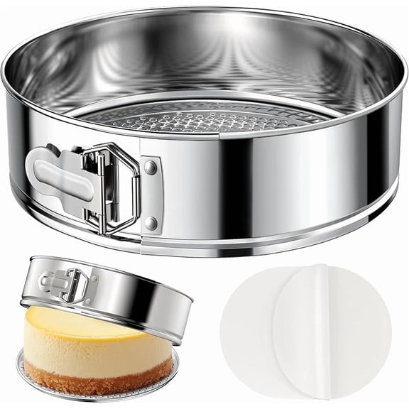 XUET 9 Inch 304 Stainless Steel  Pan with Removable Bottom, Nonstick Round Spring Form Cheesecake Pan with 30 Pcs Parchment Paper Liners