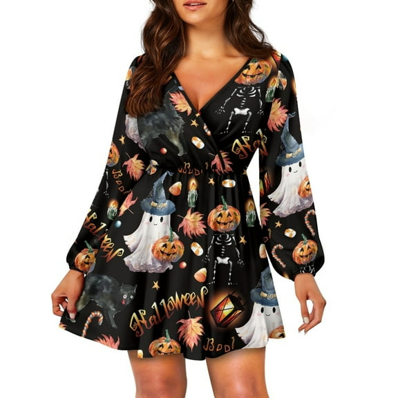 Yuyamidu Ghost A Line Dresses for Women Halloween V Neck Dress Womens Elegant A Line Midi Formal Cocktail Dresses Pumpkin High Waistline Dress for Girls Comfy Pleated Dress Size S