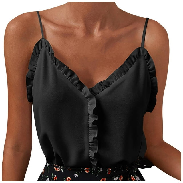 Camisolas de gasa con cuello en V liso informal para mujer, chaleco sin mangas, camiseta sin mangas Fridja gh1391