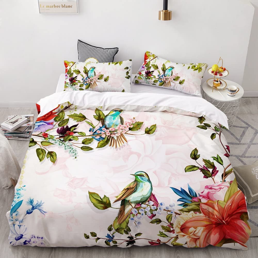 HTBUSC Flowers Print Duvet Cover Bird Print Duvet Cover Queen Luxurious White Duvet Cover Full