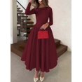 thumbnail image 2 of Burgundy Long Sleeve Pleated Midi Dress, Elegant A-Line Swing Party Formal, 2 of 10