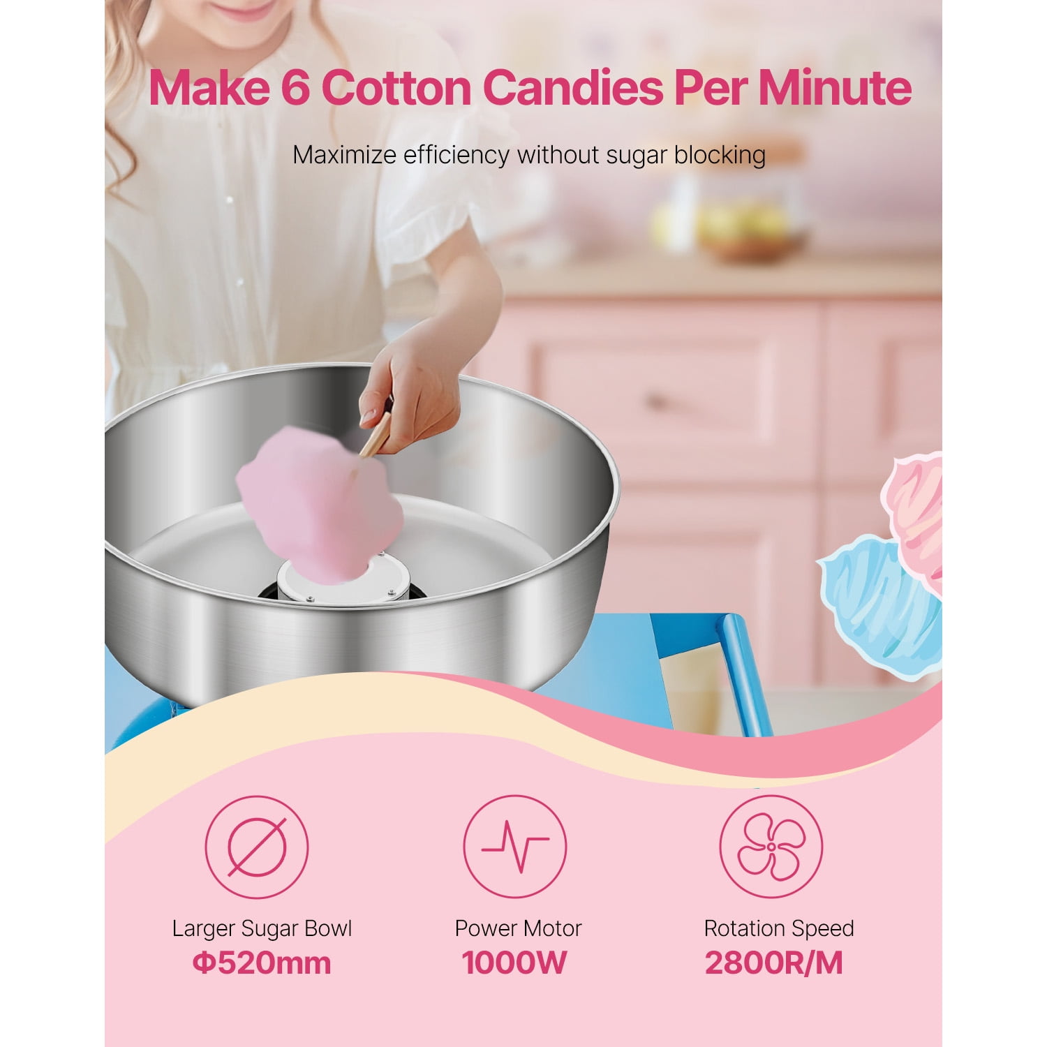 KFFKFF Electric Cotton Candy Machine with Cart, 1000W Commercial Candy Floss Maker with 20.5-inch Stainless Steel Bowl, Sugar Scoop, and Storage Drawer, Simple Operation, Ideal for Home