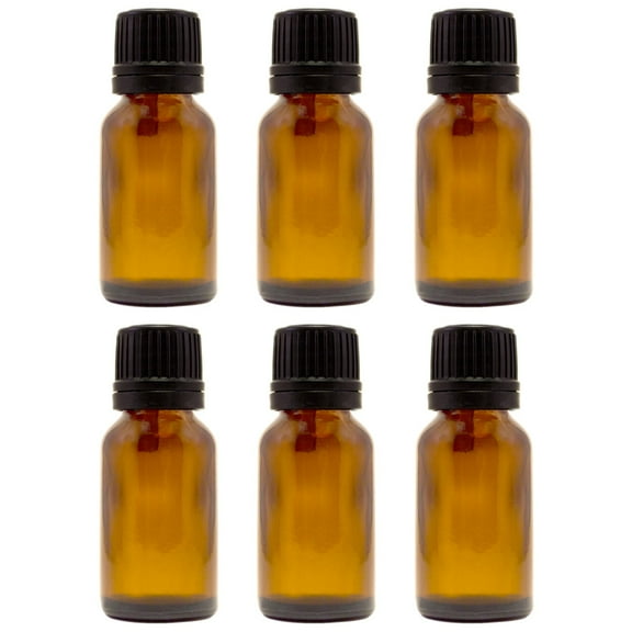 Amber Glass Bottle - 15 ml (1/2 fl oz) w/ Euro Dropper & Tamper-Evident Cap - Pack of 6