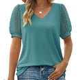 thumbnail image 3 of Camisas de manga corta con cuello en V para mujer, moda de verano, Color puro, blusa informal holgada de manga corta para mujer, verde XL, 3 of 6