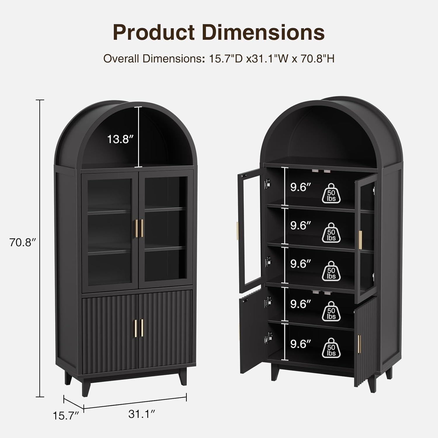Vabches Arched Kitchen Pantry Storage Cabinet, 71" Tall Fluted Cabinet with 2 Glass Doors, 2 Doors for Kitchen, Living Room, Bedroom