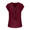 thumbnail image 5 of WREESH Womens Fashion Button Down Ruffle Blouse Vintage Shirt Tops Solid Color Spring Summer V-Neck Short Sleeve T-Shirt Temperament Chiffon Shirt Wine, 5 of 8